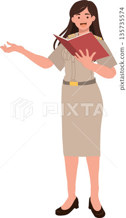 education concept woman teacher in official uniform reading textbook presentation lecture education concept woman teacher in official uniform reading textbook presentation lecture 135735574