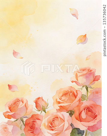 明亮的水彩花卉背景素材，以橘色玫瑰為特色 135736042