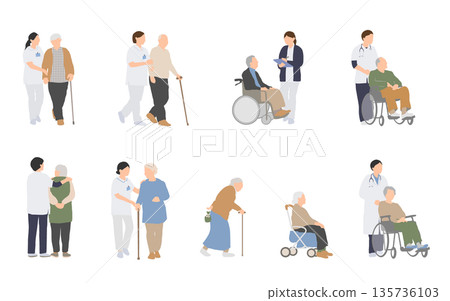 一組插圖，描繪了在醫院照顧老年人的醫護人員和上門護理的護士。 135736103