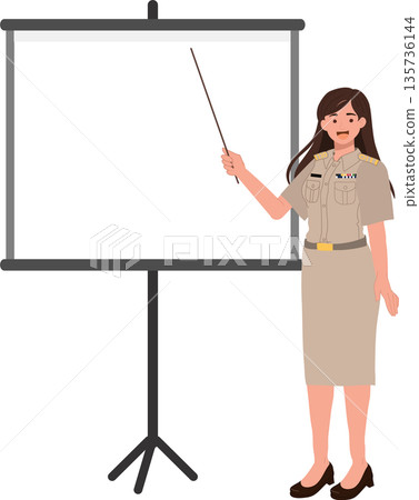 female teacher in official uniform pointing at a blank projector screen during a presentation, in classroom female teacher in official uniform pointing at a blank projector screen during a presentation, in classroom 135736144