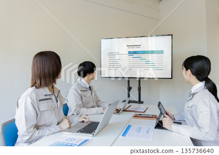 A group of workers meeting in front of a large screen monitor 135736640