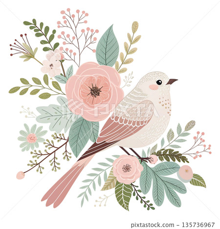Elegant cute bird with floral decoration muted luxury color palette 135736967