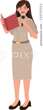 education communication concept teacher holding textbook and mic speech conference presentation education communication concept teacher holding textbook and mic speech conference presentation 135737313