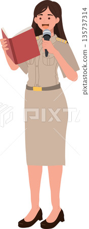 speaker with microphone woman teacher in official uniform giving lecture seminar workshop character 135737314