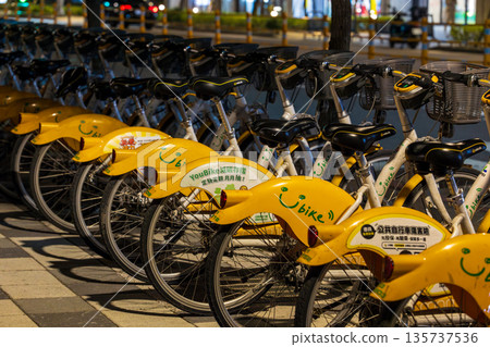U Bike yellow shared bicycles neatly arranged on the streets of Taiwan 135737536