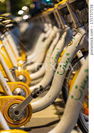 U Bike yellow shared bicycles neatly arranged on the streets of Taiwan U Bike yellow shared bicycles neatly arranged on the streets of Taiwan 135737556