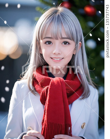 年輕女子在雪夜裡微笑，聖誕彩燈閃耀 135737743