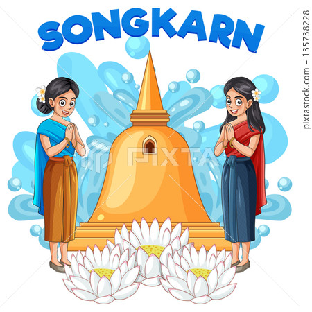 Thai Women in Traditional Dress Celebrating Songkran Festival with Golden Pagoda 135738228