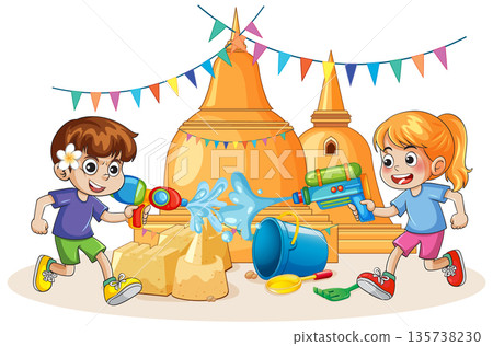 Children Playing With Water Guns During Songkran Festival Celebration Vector Illustration Children Playing With Water Guns During Songkran Festival Celebration Vector Illustration 135738230
