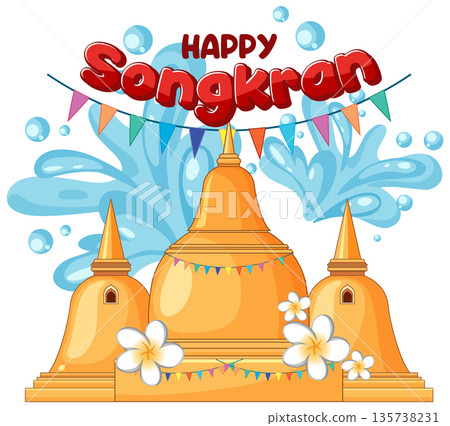 Happy Songkran Festival Vector Illustration with Golden Pagodas and Water Splashes Happy Songkran Festival Vector Illustration with Golden Pagodas and Water Splashes 135738231