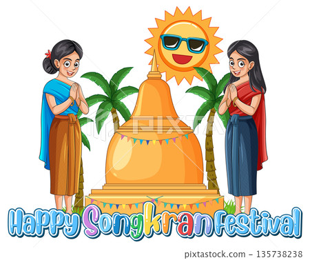 Thai Women in Traditional Dress Celebrating Songkran Festival with Golden Pagoda 135738238