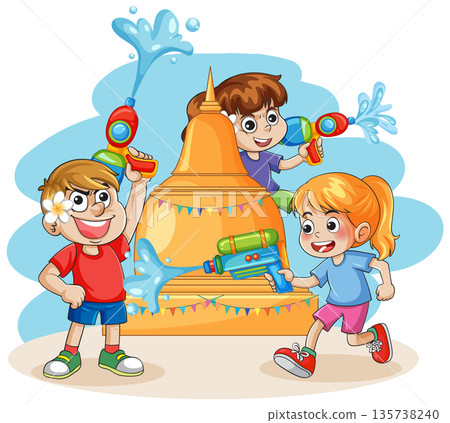 Children Celebrating Songkran Festival with Water Guns Near a Golden Pagoda 135738240