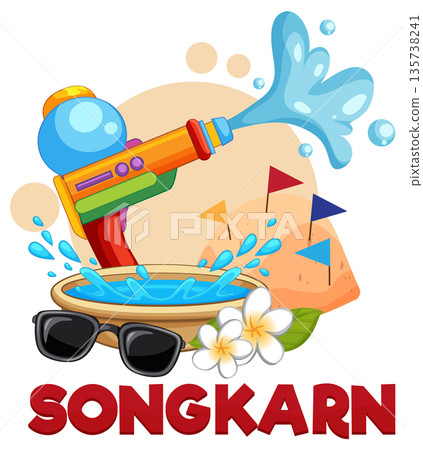 Songkran Festival Vector Illustration with Water Gun and Sand Pagoda 135738241