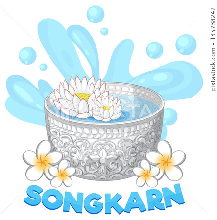 Traditional Thai Silver Water Bowl with Jasmine and Lotus Flowers for Songkran 135738242