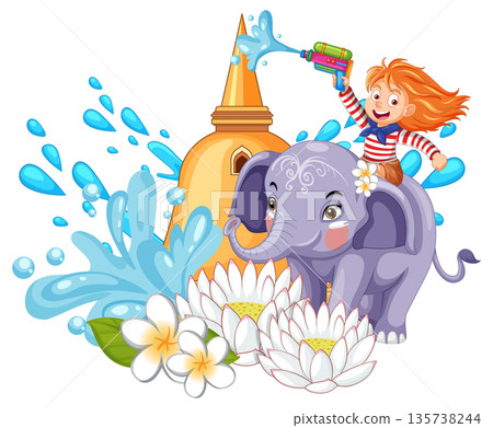 Cartoon Girl Riding Elephant and Spraying Water for Songkran Festival 135738244