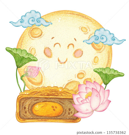 A smiling moon among lotus flowers with mooncakes. Hand-drawn watercolor illustration, cartoon. Design for scrapbooking, sticker, card, banner. Food, Mid-Autumn Day, Asia, family, leaves, plant A smiling moon among lotus flowers with mooncakes. Hand-drawn watercolor illustration, cartoon. Design for scrapbooking, sticker, card, banner. Food, Mid-Autumn Day, Asia, family, leaves, plant 135738362