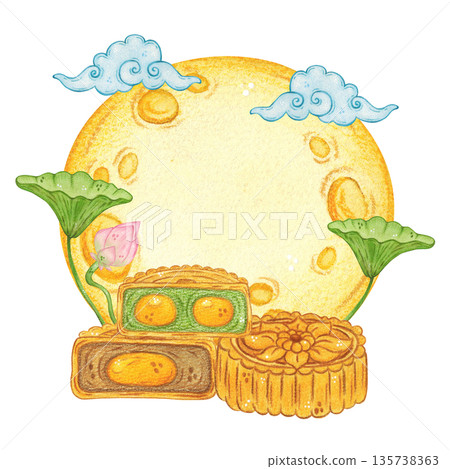 A lotus bud and leaves with mooncakes against a moon background. Hand-drawn watercolor illustration, cartoon. Design for scrapbooking, sticker, card, banner. Food, holiday, Mid-Autumn Day, Asia, treat A lotus bud and leaves with mooncakes against a moon background. Hand-drawn watercolor illustration, cartoon. Design for scrapbooking, sticker, card, banner. Food, holiday, Mid-Autumn Day, Asia, treat 135738363