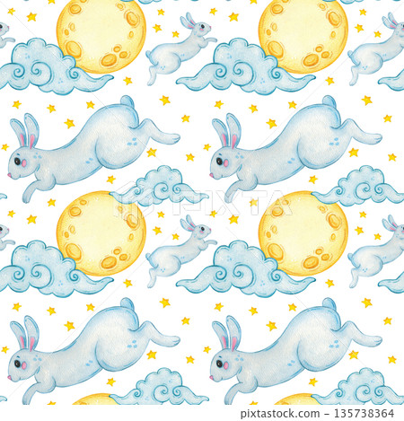 Seamless pattern with moon bunnies among stars and clouds. Hand-drawn watercolor illustration, cartoon. Design for scrapbooking, sticker, card, banner. Holiday, Mid-Autumn Day, animal, dream, baby Seamless pattern with moon bunnies among stars and clouds. Hand-drawn watercolor illustration, cartoon. Design for scrapbooking, sticker, card, banner. Holiday, Mid-Autumn Day, animal, dream, baby 135738364