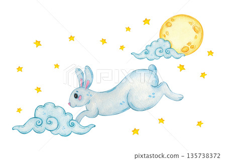 A blue hare hops among stars and clouds. Hand-drawn watercolor cartoon illustration. Suitable for scrapbooking, stickers, cards, banners. Mid-Autumn Day, Asia, animal, dreams, baby, fairy tale, legend 135738372