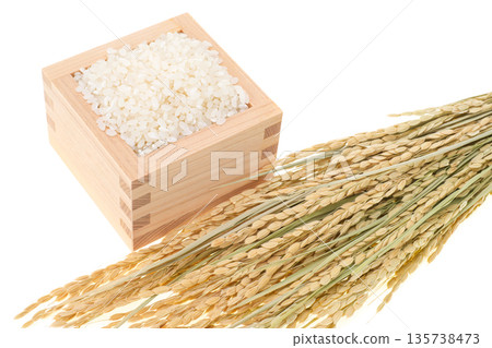 White rice in a box with rice ears White rice in a box with rice ears 135738473