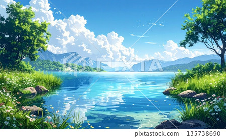 背景素材5：波浪和山脈的自然景觀 135738690