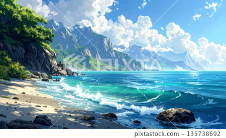 背景素材2：波浪與山脈的自然景觀 135738692