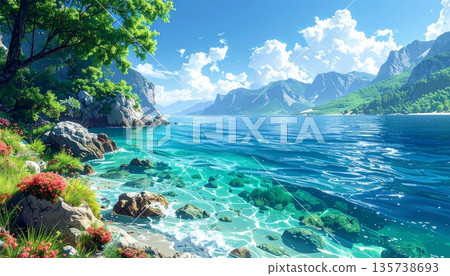 背景素材1：波浪與山脈的自然景觀 135738693