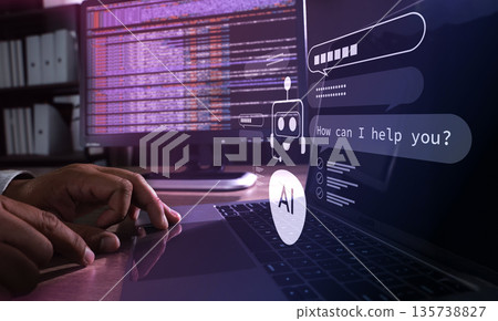 IT uses laptop with AI chatbot interface, How can I help you?, data screens representing customer support automation, help desk service, and digital assistant technology. IT uses laptop with AI chatbot interface, How can I help you?, data screens representing customer support automation, help desk service, and digital assistant technology. 135738827