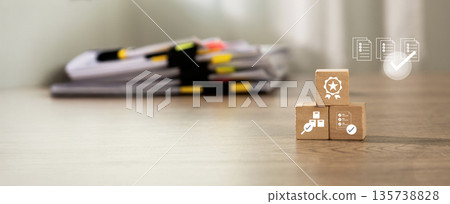 Auditing and evaluating concept quality and efficiency, business document evaluation process with inspection checklist , finance tax documents and data results Auditing and evaluating concept quality and efficiency, business document evaluation process with inspection checklist , finance tax documents and data results 135738828