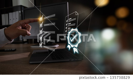 Quality document control checklist approve concept with tick correct checkbox mark tick certification badge, businessman using hand signs verifies ISO certification Quality document control checklist approve concept with tick correct checkbox mark tick certification badge, businessman using hand signs verifies ISO certification 135738829