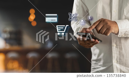 Successful transaction Secure payment confirmation concept mobile payment completed QR code and credit card, businessman taps smartphone transaction and verified payment trust and transaction 135738840