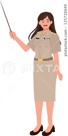 female teacher in official uniform holding a pointer, in classroom or seminar during a lesson, female teacher in official uniform holding a pointer, in classroom or seminar during a lesson, 135738849