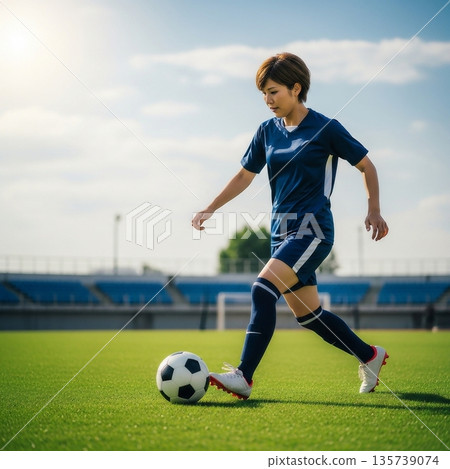 Female players playing soccer on a soccer field 135739074