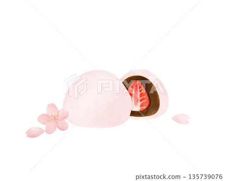 Pink strawberry daifuku with cherry blossoms, fresh cross-section Japanese sweets set, spring colors, watercolor material Pink strawberry daifuku with cherry blossoms, fresh cross-section Japanese sweets set, spring colors, watercolor material 135739076