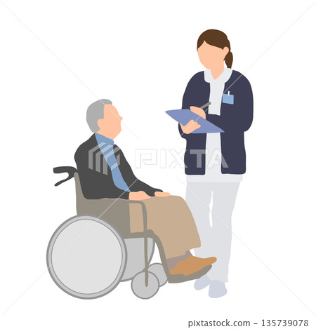 醫護人員向坐在輪椅上的老人講解的插圖 135739078