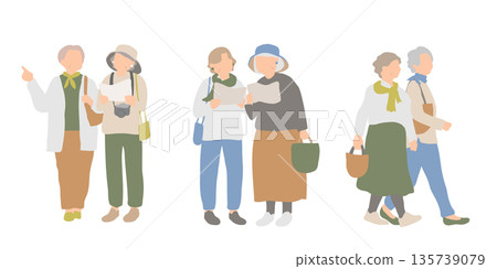 Illustration of active seniors enjoying sightseeing with other women 135739079