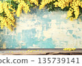 Shabby wall background resembling mimosa and blue sky - AI-generated image 135739141