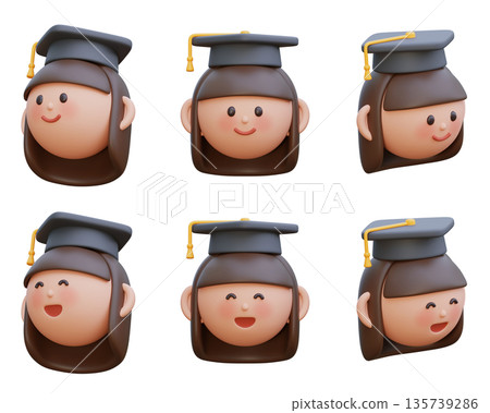 Cute 3D female student character face wearing graduation cap 135739286