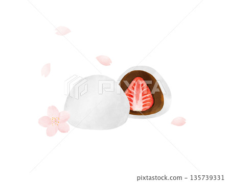 白色草莓大福,櫻花飄落,新鮮的橫切面和春花,賞櫻甜點,水彩插圖 白色草莓大福,櫻花飄落,新鮮的橫切面和春花,賞櫻甜點,水彩插圖 135739331