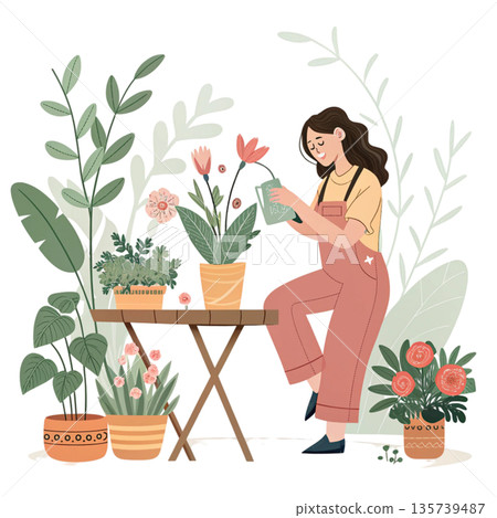 Botanical vector illustration of a young woman plant lover white background  135739487