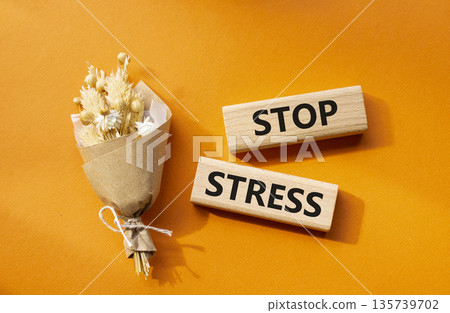 Stop Stress symbol. Wooden blocks with words Stop Stress. Beautiful orange background. Business and Stop Stress concept. Copy space. 135739702