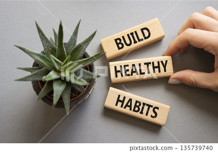Healthy habits symbol. Concept word Build Healthy habits on wooden blocks. Doctor hand. Beautiful grey background with succulent plant. Healthy lifestyle and Healthy habits concept. Copy space Healthy habits symbol. Concept word Build Healthy habits on wooden blocks. Doctor hand. Beautiful grey background with succulent plant. Healthy lifestyle and Healthy habits concept. Copy space 135739740