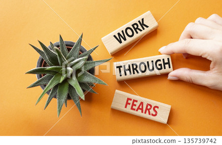 Work through fears. Wooden blocks with words Work through fears. Beautiful orange background. Businessman hand. Business and Work through fears concept. Copy space. Work through fears. Wooden blocks with words Work through fears. Beautiful orange background. Businessman hand. Business and Work through fears concept. Copy space. 135739742
