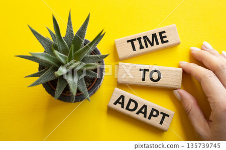 Time to Adapt. Wooden blocks with words Time to Adapt. Beautiful yellow background. Businessman hand. Business and Manage and Time to Adapt concept. Copy space. 135739745