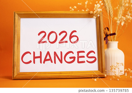2026 Changes symbol. Concept words 2026 Changes on beautiful wooden picture frame. Beautiful orange background with flower vase. Business and 2026 Changes concept. Copy space. 2026 Changes symbol. Concept words 2026 Changes on beautiful wooden picture frame. Beautiful orange background with flower vase. Business and 2026 Changes concept. Copy space. 135739785