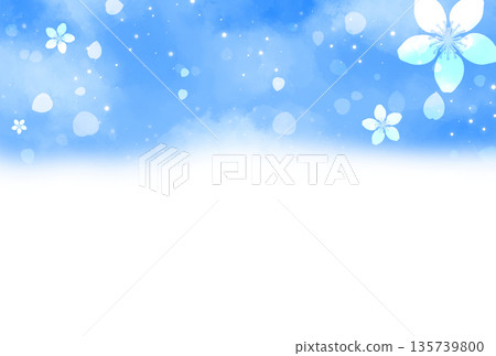 背景頂部是藍色櫻花和花瓣。 135739800