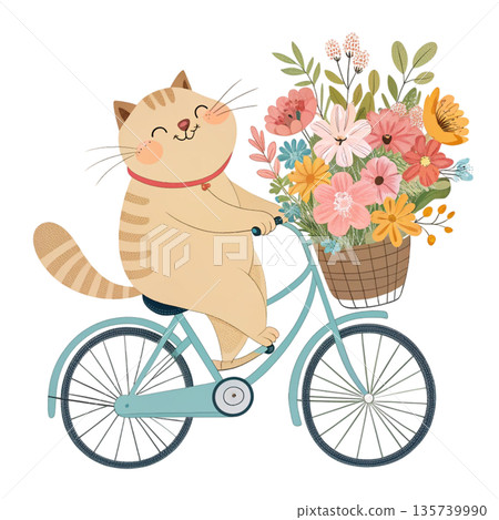 Cute cartoon cat riding a bicycle oversized floral bouquet attached to the back White Background Cute cartoon cat riding a bicycle oversized floral bouquet attached to the back White Background 135739990