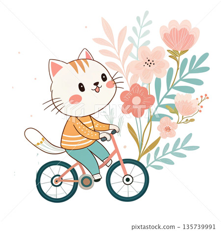 Cute cartoon cat riding a bicycle oversized floral bouquet attached to the back White Background Cute cartoon cat riding a bicycle oversized floral bouquet attached to the back White Background 135739991