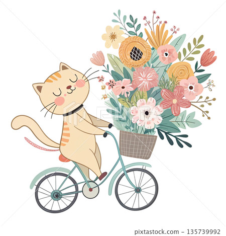Cute cartoon cat riding a bicycle oversized floral bouquet attached to the back White Background Cute cartoon cat riding a bicycle oversized floral bouquet attached to the back White Background 135739992