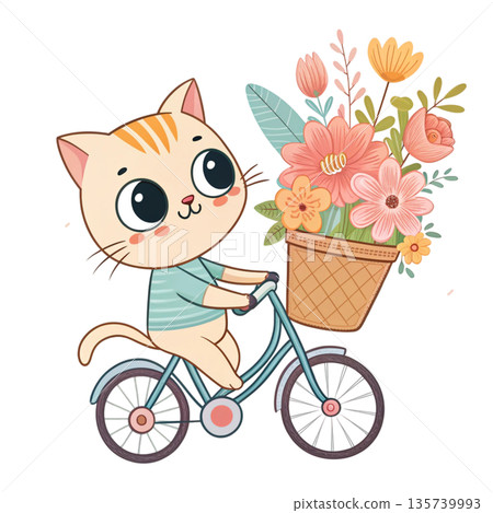 Cute cartoon cat riding a bicycle oversized floral bouquet attached to the back White Background 135739993